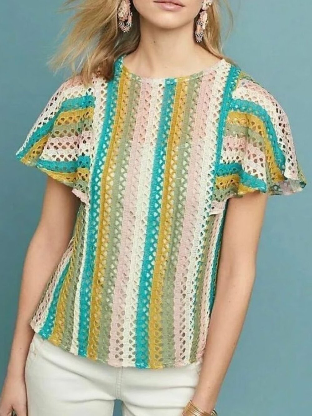 Anthropologie Eva Franco Striped Crochet Lace Flutter Sleeve Blouse Small S Top